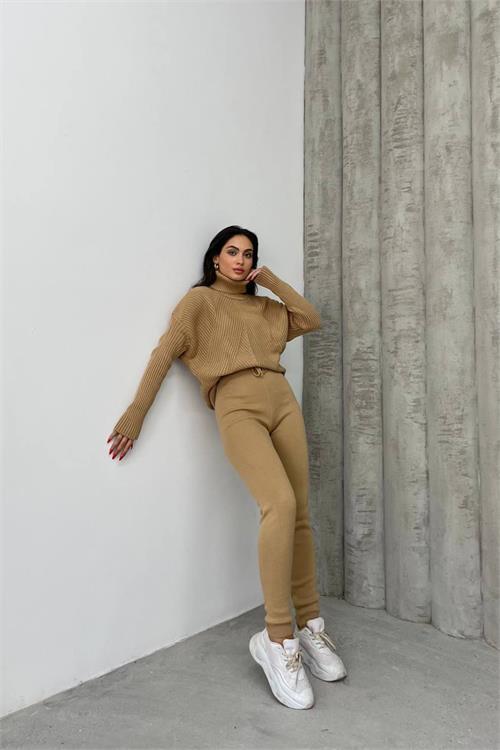 Dipmoda kadın camel fitilli balıkçı yaka alt üst triko takım NBDM1215 