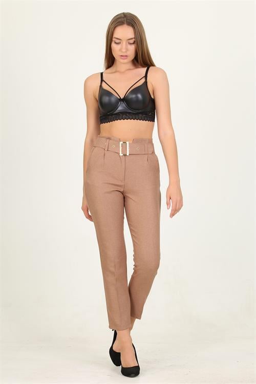 Dipmoda kadın camel kemerli yüksek bel havuç pantolon QNS033 