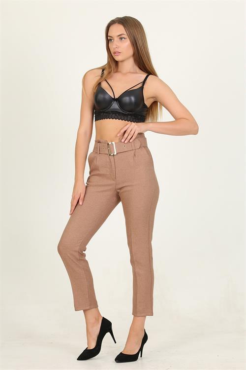 Dipmoda kadın camel kemerli yüksek bel havuç pantolon QNS033 
