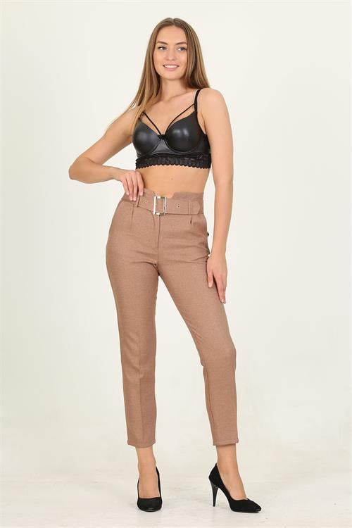 Dipmoda kadın camel kemerli yüksek bel havuç pantolon QNS033 