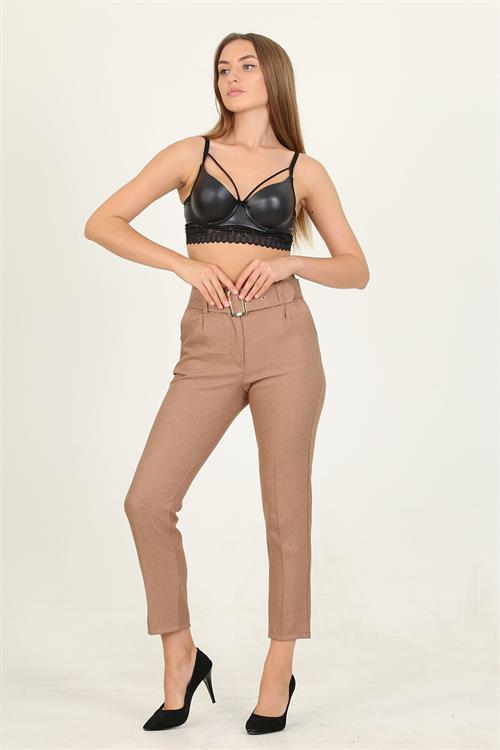 Dipmoda kadın camel kemerli yüksek bel havuç pantolon QNS033 