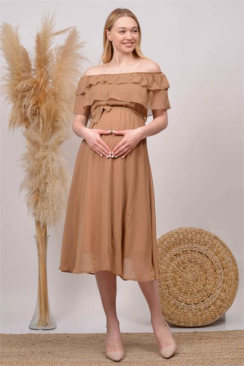 Dipmoda kadın camel mavisi baby shower şifon hamile elbise HML8060 