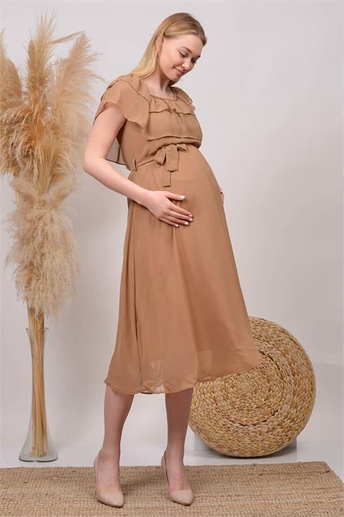 Dipmoda kadın camel mavisi baby shower şifon hamile elbise HML8060 