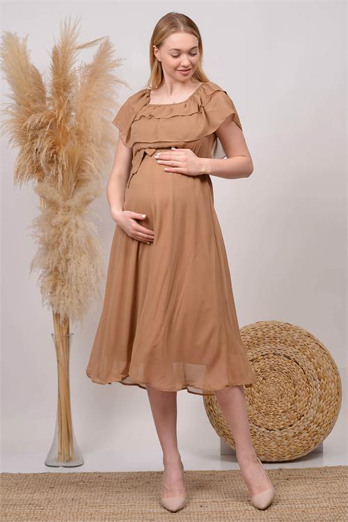 Dipmoda kadın camel mavisi baby shower şifon hamile elbise HML8060 