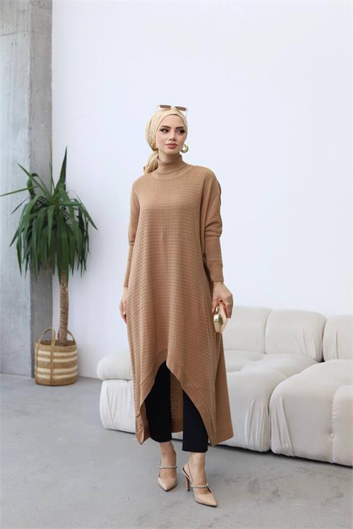 Dipmoda kadın camel oversize asimetrik tesettür elbise NMS013 