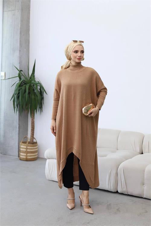 Dipmoda kadın camel oversize asimetrik tesettür elbise NMS013 