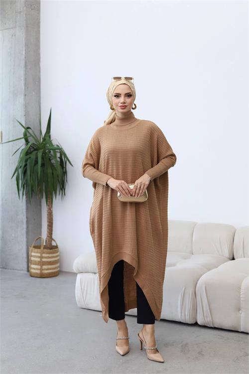 Dipmoda kadın camel oversize asimetrik tesettür elbise NMS013 