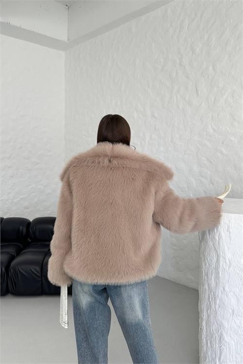 Dipmoda kadın camel oversize çıtçıtlı ithal kürk mont NBG037 