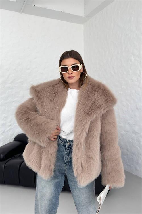 Dipmoda kadın camel oversize çıtçıtlı ithal kürk mont NBG037 