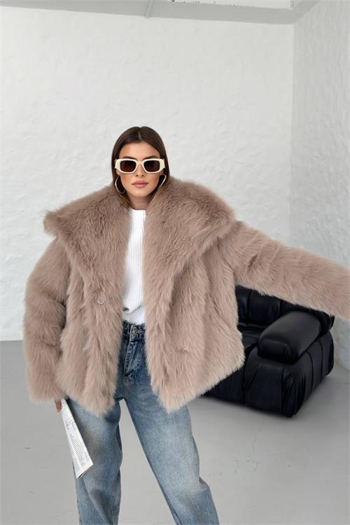 Dipmoda kadın camel oversize çıtçıtlı ithal kürk mont NBG037 