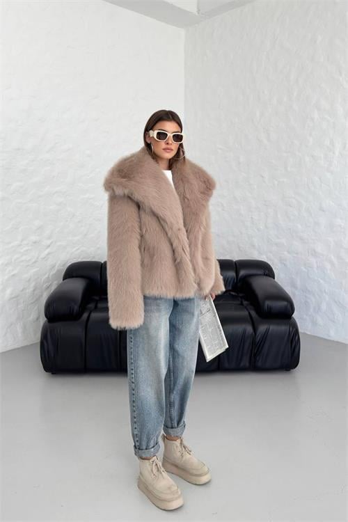 Dipmoda kadın camel oversize çıtçıtlı ithal kürk mont NBG037 