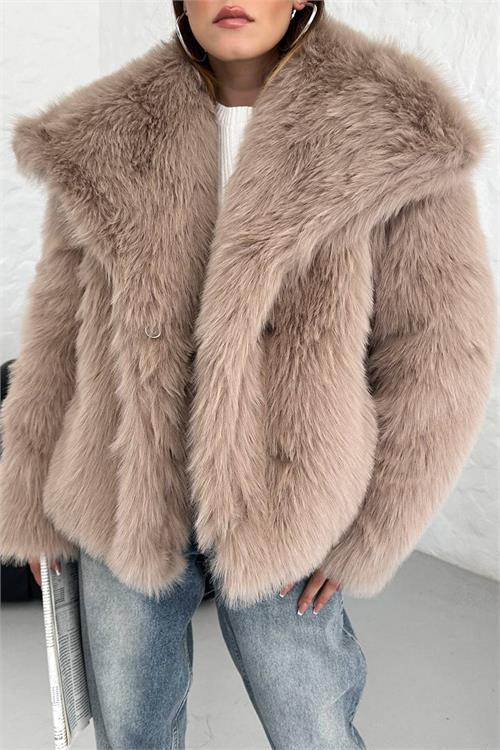 Dipmoda kadın camel oversize çıtçıtlı ithal kürk mont NBG037 