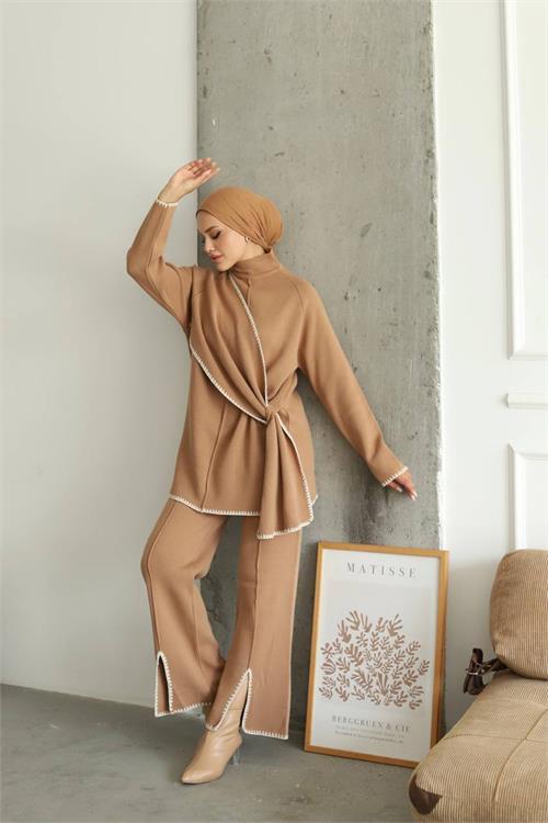 Dipmoda kadın camel pantolon tunik ikili tesettür takım NMS017 