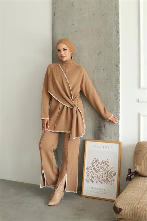 Dipmoda kadın camel pantolon tunik ikili tesettür takım NMS017 