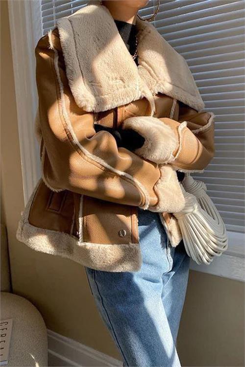 Dipmoda kadın camel peluş detaylı süet kaban DPMS23175