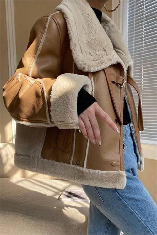 Dipmoda kadın camel peluş detaylı süet kaban DPMS23175