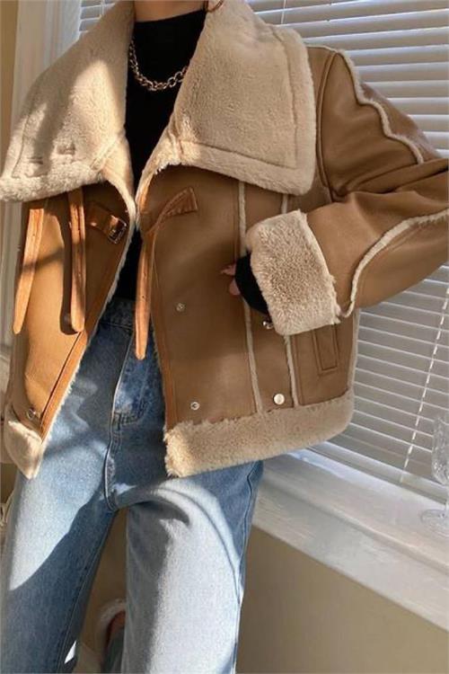 Dipmoda kadın camel peluş detaylı süet kaban DPMS23175