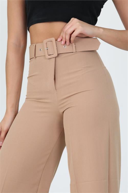 Dipmoda kadın camel yüksek bel kemerli geniş paça likralı kumaş pantolon ELA002 
