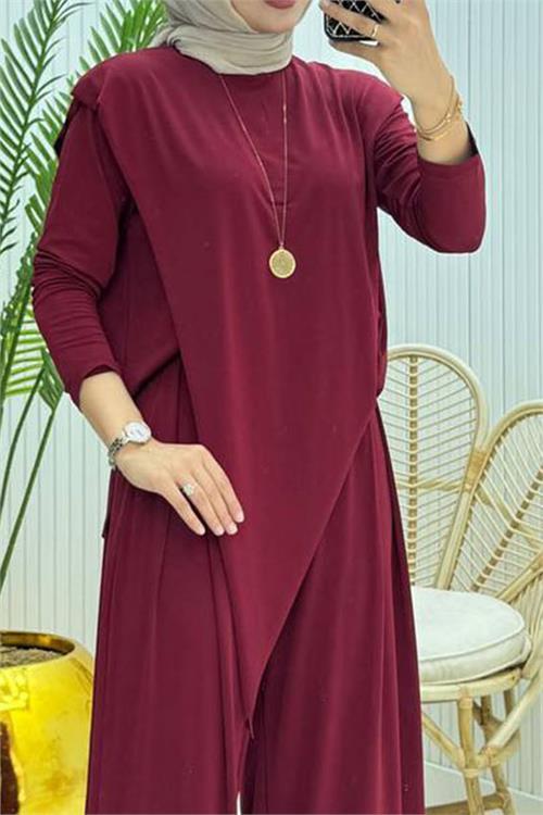 Dipmoda kadın candy kumaş asimetrik kesim tunik pantolon ikili tesettür takım NMS072