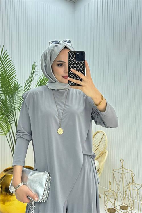 Dipmoda kadın candy kumaş asimetrik kesim tunik pantolon ikili tesettür takım NMS072