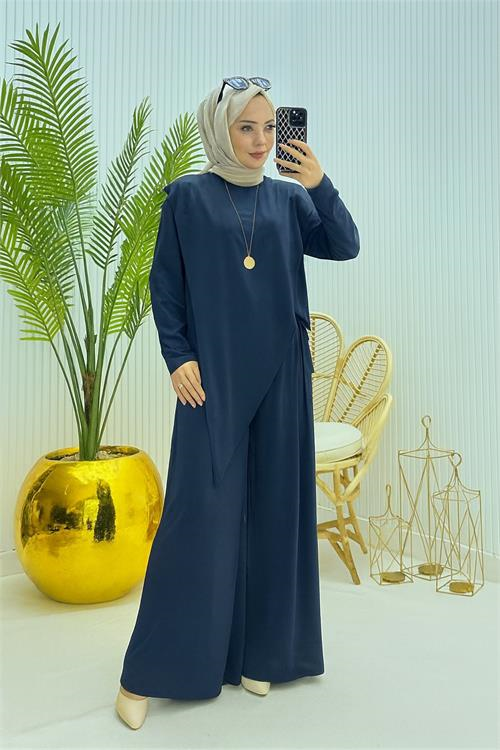 Dipmoda kadın candy kumaş asimetrik kesim tunik pantolon ikili tesettür takım NMS072