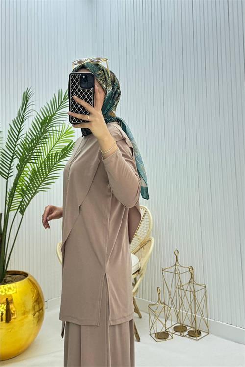 Dipmoda kadın candy kumaş asimetrik kesim tunik pantolon ikili tesettür takım NMS072