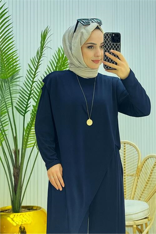 Dipmoda kadın candy kumaş asimetrik kesim tunik pantolon ikili tesettür takım NMS072