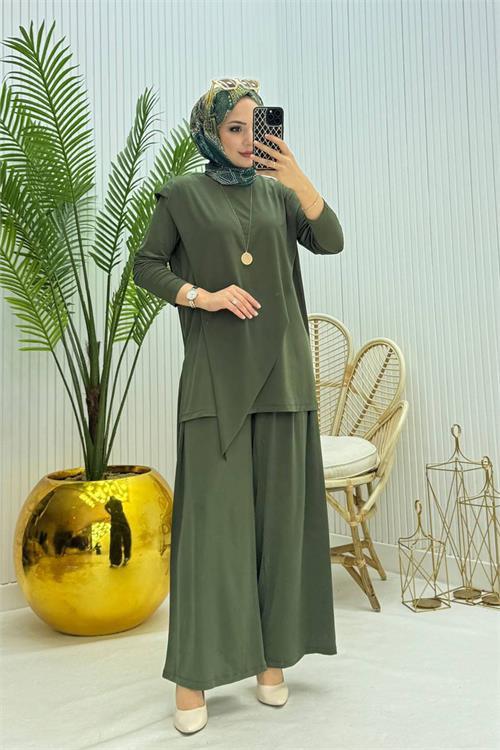 Dipmoda kadın candy kumaş asimetrik kesim tunik pantolon ikili tesettür takım NMS072