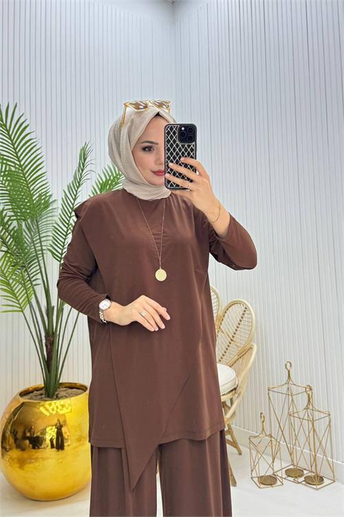 Dipmoda kadın candy kumaş asimetrik kesim tunik pantolon ikili tesettür takım NMS072