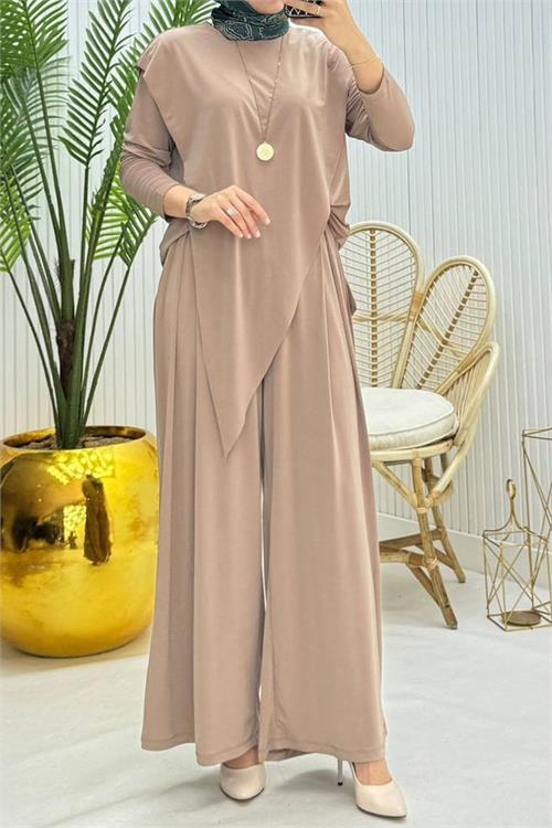 Dipmoda kadın candy kumaş asimetrik kesim tunik pantolon ikili tesettür takım NMS072