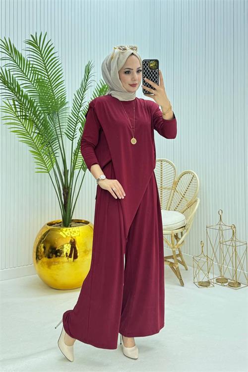 Dipmoda kadın candy kumaş asimetrik kesim tunik pantolon ikili tesettür takım NMS072
