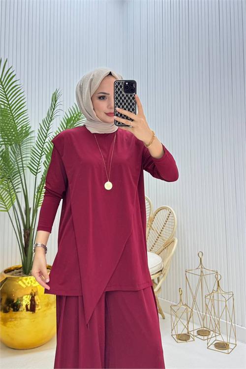 Dipmoda kadın candy kumaş asimetrik kesim tunik pantolon ikili tesettür takım NMS072