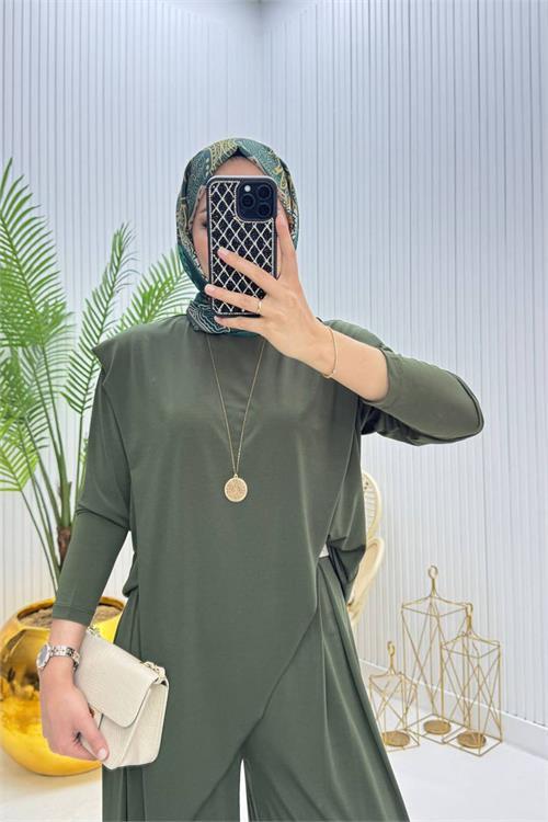 Dipmoda kadın candy kumaş asimetrik kesim tunik pantolon ikili tesettür takım NMS072
