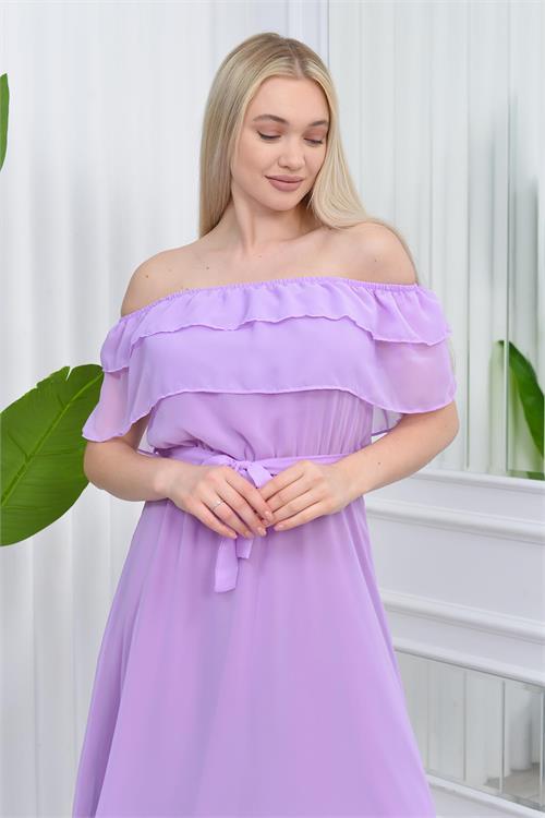 Dipmoda kadın carmen yaka astarlı şifon elbise RY8060 - Lila 