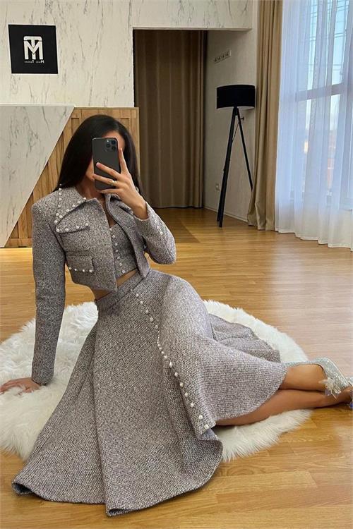 Dipmoda kadın ceketli inci detaylı tasarım elbise NBEMP2413