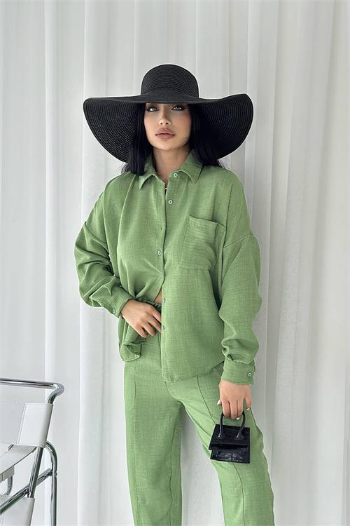 Dipmoda kadın cep detaylı alt üst keten takım DPNBTG7073