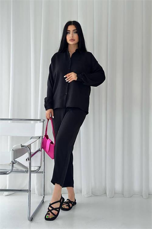 Dipmoda kadın cep detaylı alt üst keten takım DPNBTG7073