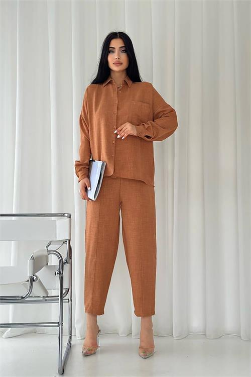 Dipmoda kadın cep detaylı alt üst keten takım DPNBTG7073