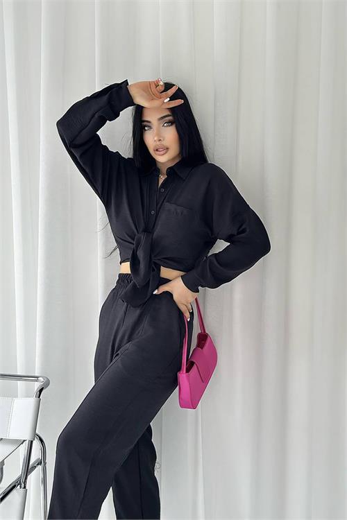 Dipmoda kadın cep detaylı alt üst keten takım DPNBTG7073