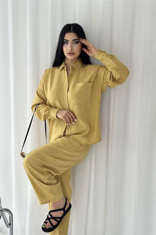 Dipmoda kadın cep detaylı alt üst keten takım DPNBTG7073