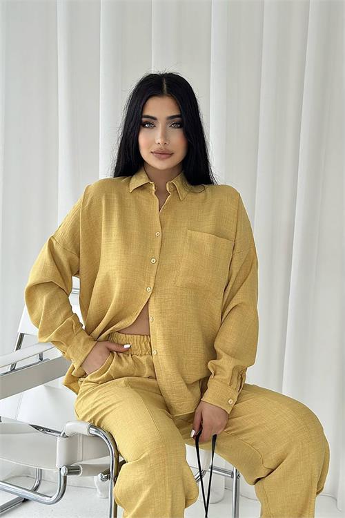 Dipmoda kadın cep detaylı alt üst keten takım DPNBTG7073