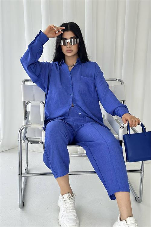 Dipmoda kadın cep detaylı alt üst keten takım DPNBTG7073