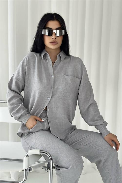 Dipmoda kadın cep detaylı alt üst keten takım DPNBTG7073