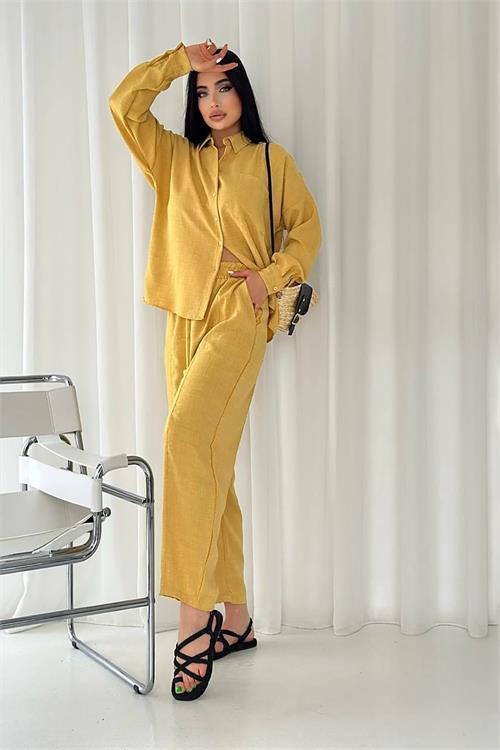 Dipmoda kadın cep detaylı alt üst keten takım DPNBTG7073