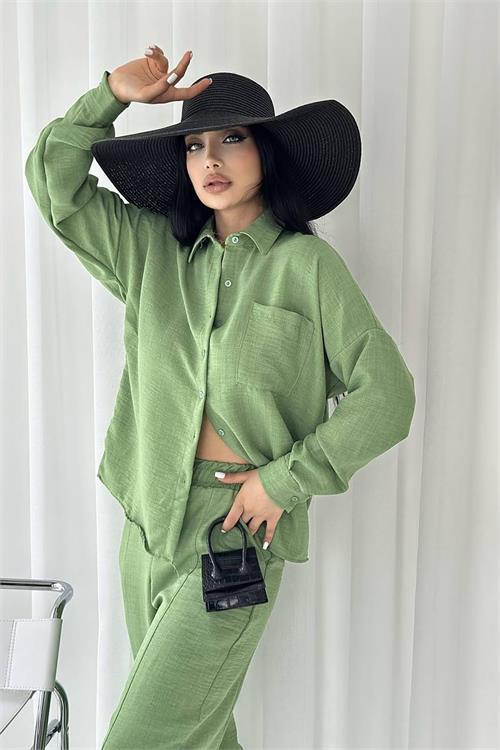 Dipmoda kadın cep detaylı alt üst keten takım DPNBTG7073