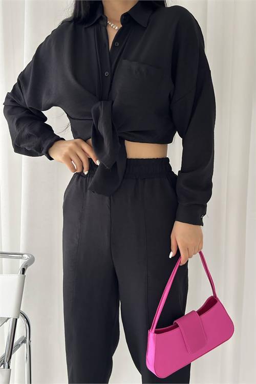 Dipmoda kadın cep detaylı alt üst keten takım DPNBTG7073