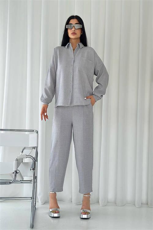 Dipmoda kadın cep detaylı alt üst keten takım DPNBTG7073