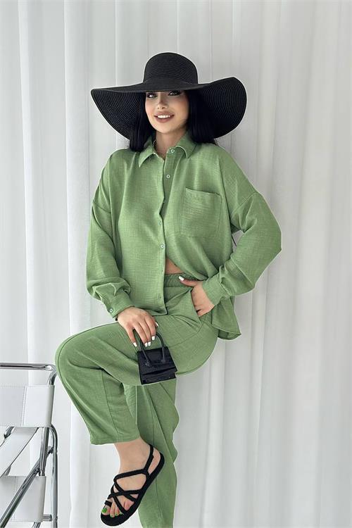 Dipmoda kadın cep detaylı alt üst keten takım DPNBTG7073