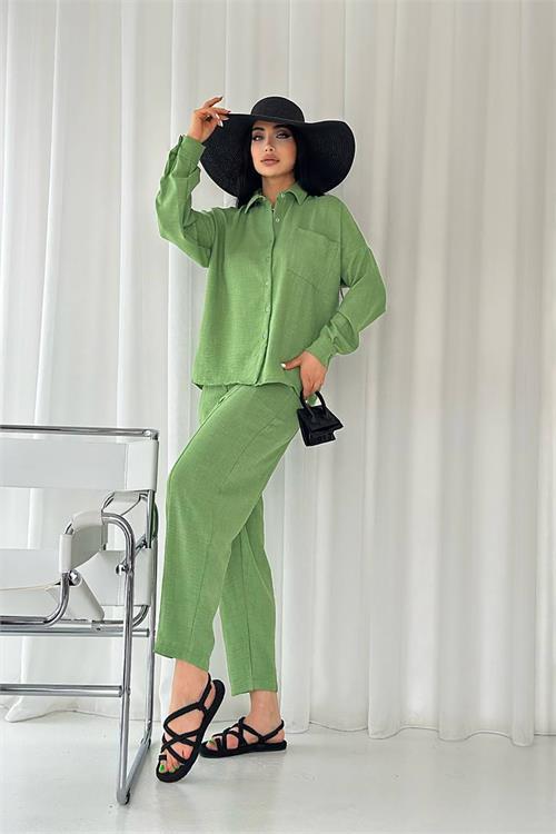 Dipmoda kadın cep detaylı alt üst keten takım DPNBTG7073