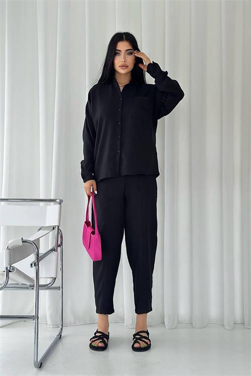 Dipmoda kadın cep detaylı alt üst keten takım DPNBTG7073